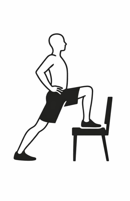 Line illustration of a person performing a hip flexor stretch with one foot on a chair and hands on hips. Shows a lower body stretch that can help prevent back pain when sitting all day.