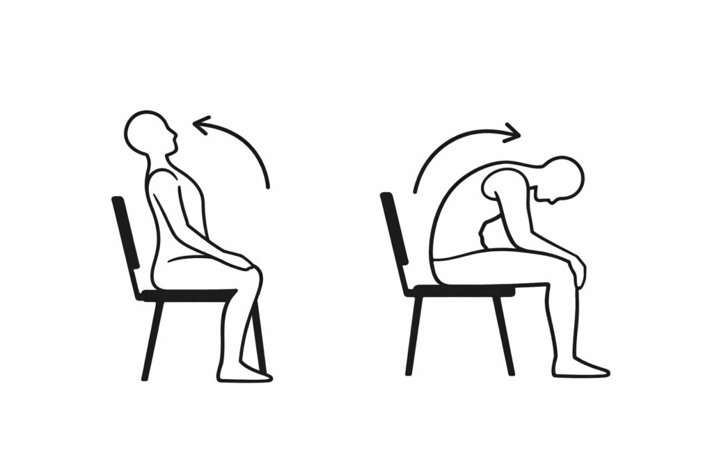 Line drawings of a person doing a seated cat and cow exercise. The person is leaning back and then rounding forward with arrows showing spinal movement. Demonstrates gentle seated stretches to help prevent back pain when sitting all day.