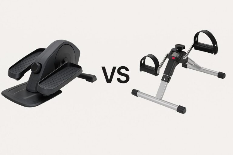 black under desk elliptical and a mini pedal bike side by side with the word "vs" written beteween them