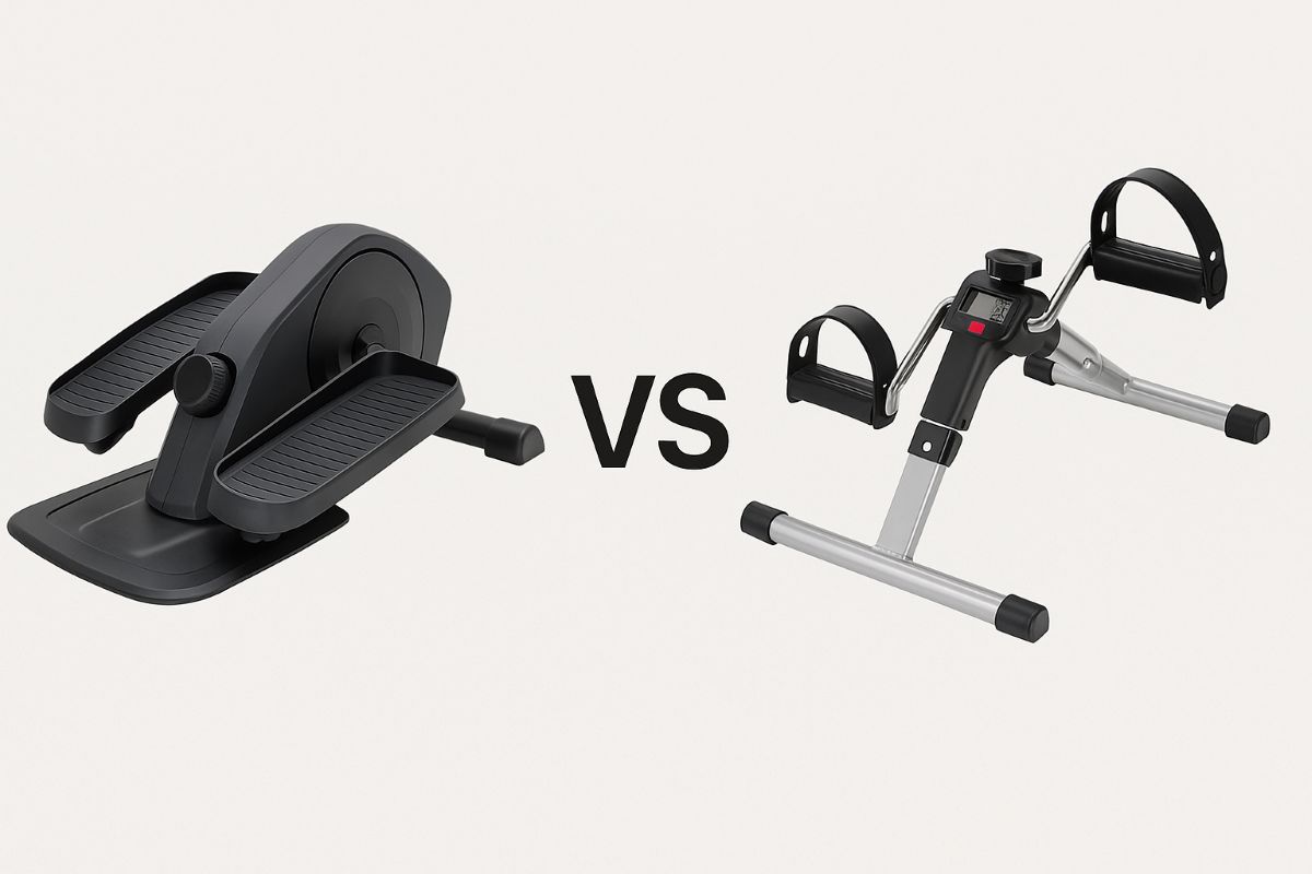 black under desk elliptical and a mini pedal bike side by side with the word "vs" written beteween them